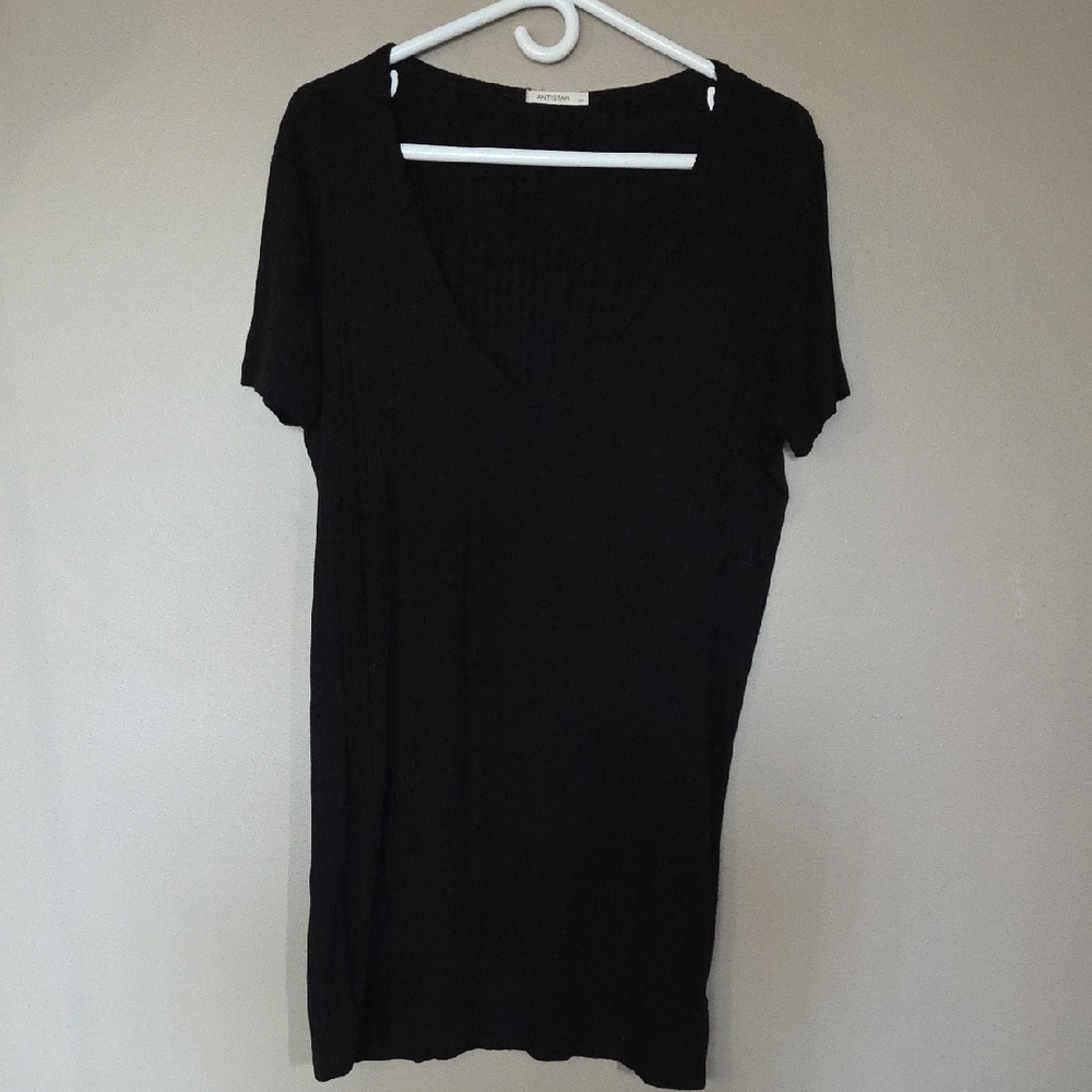 Anistar Black Ribbed Short Sleeve Tshirt Dress Size S